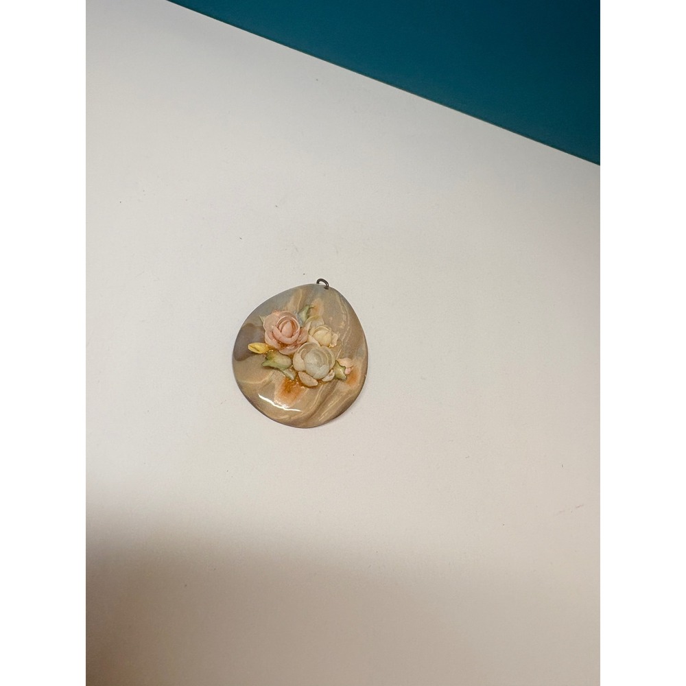 Vintage Mother of Pearl Carved Shell Rose Floral Teardrop Pendant Iridescent